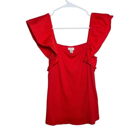 A New Day Blouse Women's Small Red Ribbed Cap Sleeve Ruffle Casual Top - Picture 1 of 9
